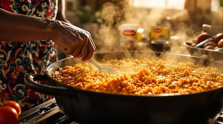 Pot of smoky Nigerian jollof rice