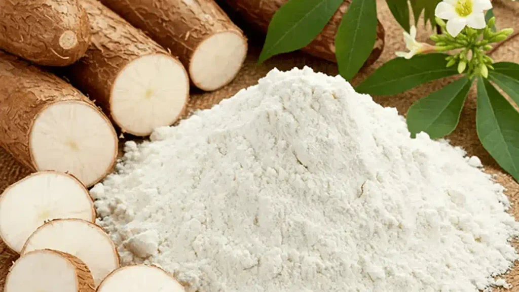 raw cassava root next to ground cassava flour