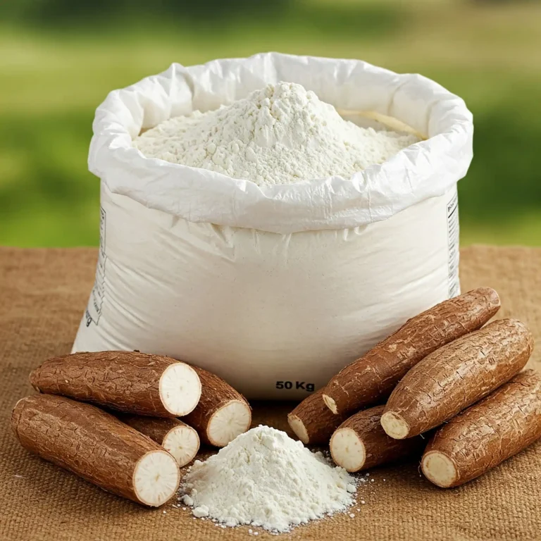 Bag of cassava flour with tubers of cassava root