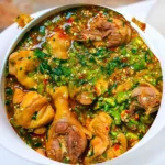 Bowl of Nigerian okra soup with fufu