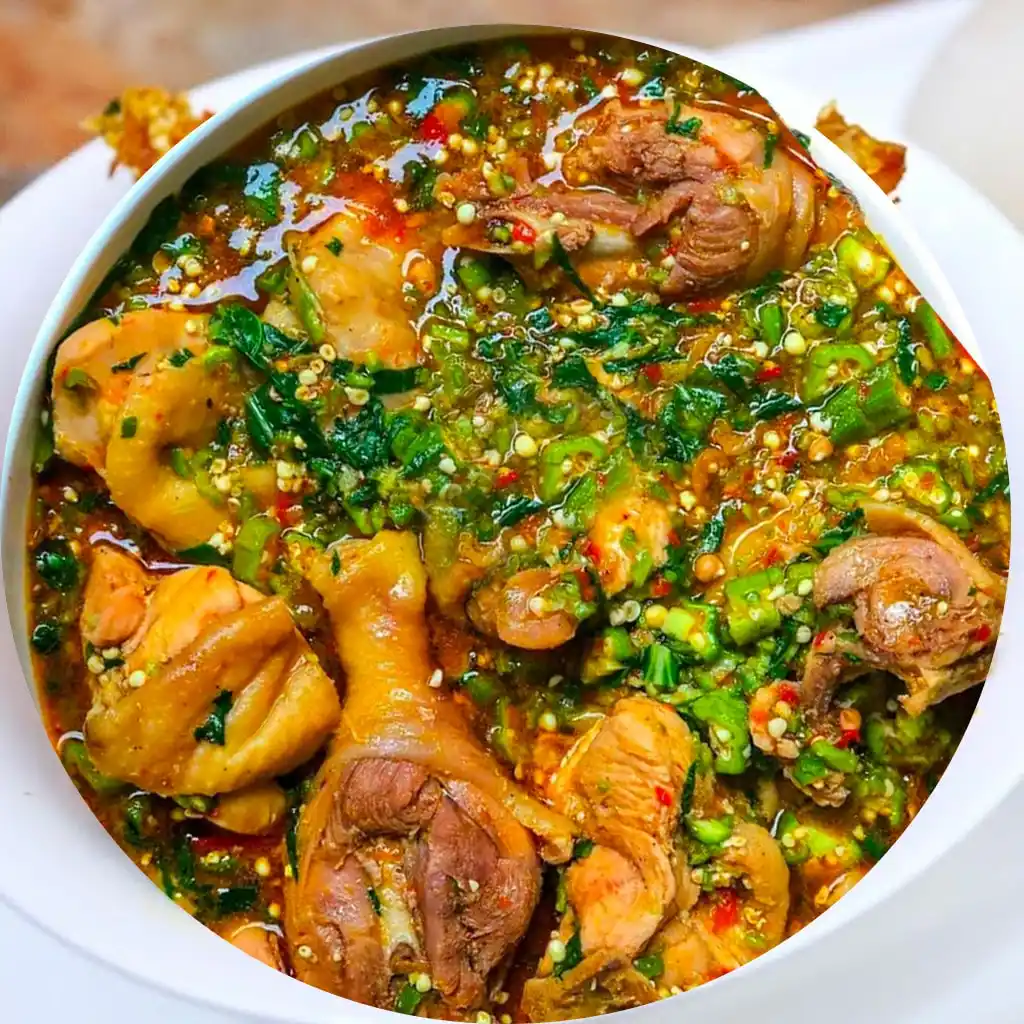 Bowl of Nigerian okra soup with fufu