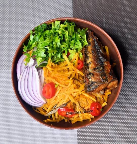 abacha mixed with palm oil and ugba